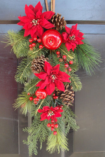 Christmas Door Swag with Poinsettias, Apples and Cranberries