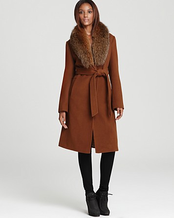 Ellen Tracy Belted Wool Maxi Coat with Fur Trim